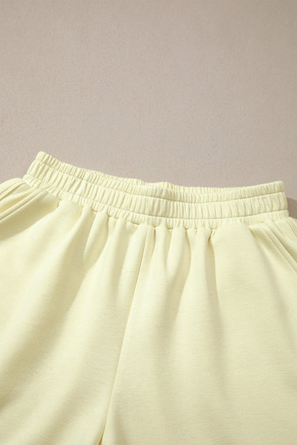 Yellow Cream Solid Color Exposed Seam Mock Neck Oversize Tee Casual Shorts 2pcs Outfit