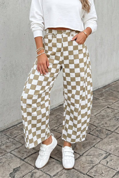 White Checkered Print Denim Barrel Pants