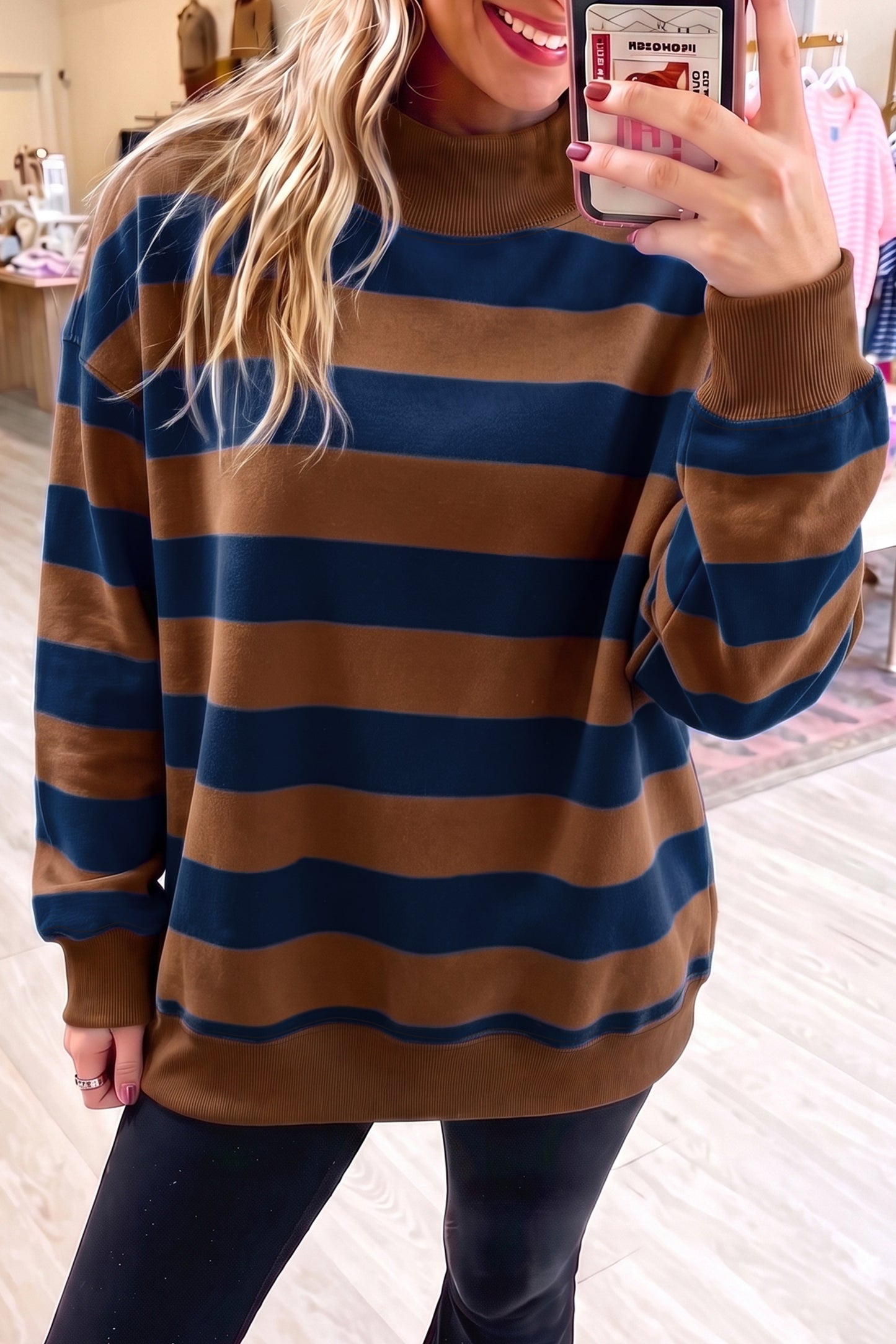 Brown Stripe Colorblock Mock Neck Relaxed Sweatshirt
