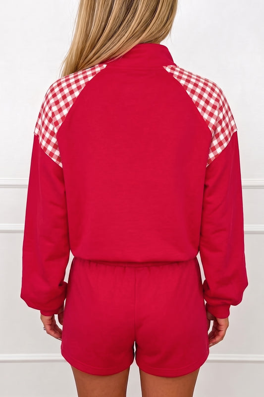 Fiery Red Plaid Patchwork Half Zip Pullover Drawstring Short Set