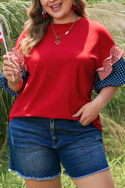 Fiery Red Plus Size Striped Ruffles Star Short Bubble Sleeve Patchwork Top