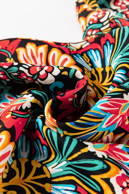 Robe longue noire à imprimé floral bohème, bretelles fines, sans manches, taille haute