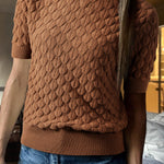 Straw Yellow Fish Scale Textured Knit Ribbed High Neck Short Sleeve Sweater
