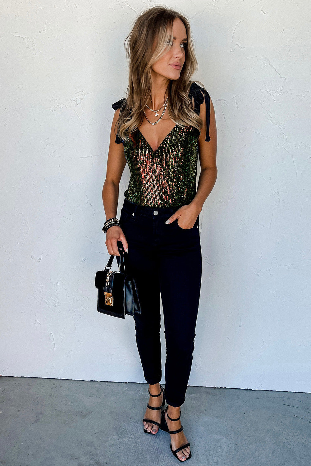 Body sans manches à col montant et paillettes 