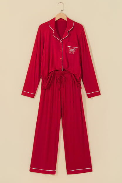 Racing Red Bow Pocket Detail Long Sleeve Shirt 2pcs Pajama Set