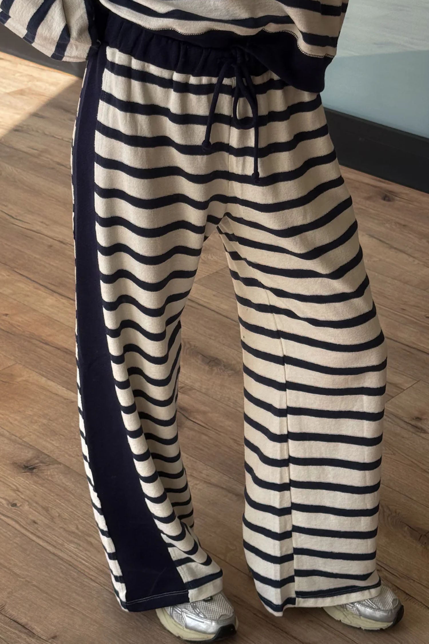 Beige Stripe Relaxed Long Sleeve Top Color Block Detail Drawstring Pant Set