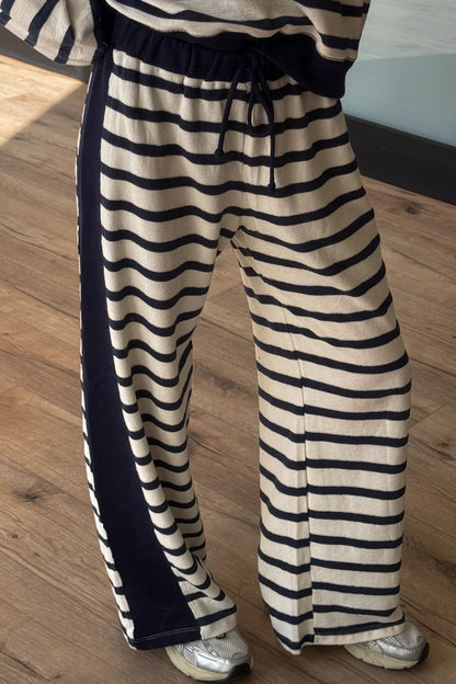 Beige Stripe Relaxed Long Sleeve Top Color Block Detail Drawstring Pant Set