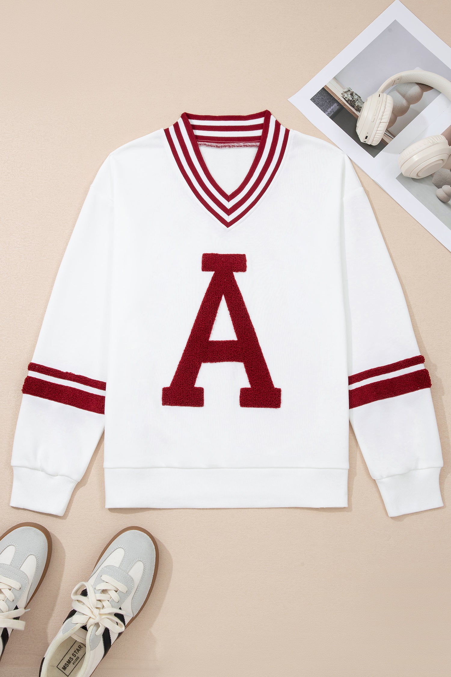 Red Dahlia Chenille Letter A Graphic Varsity Striped V Neck Puff Sleeve Sweatshirt