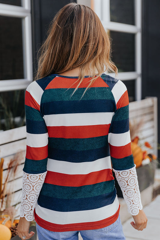Green Striped Lace Splicing Long Sleeve Top