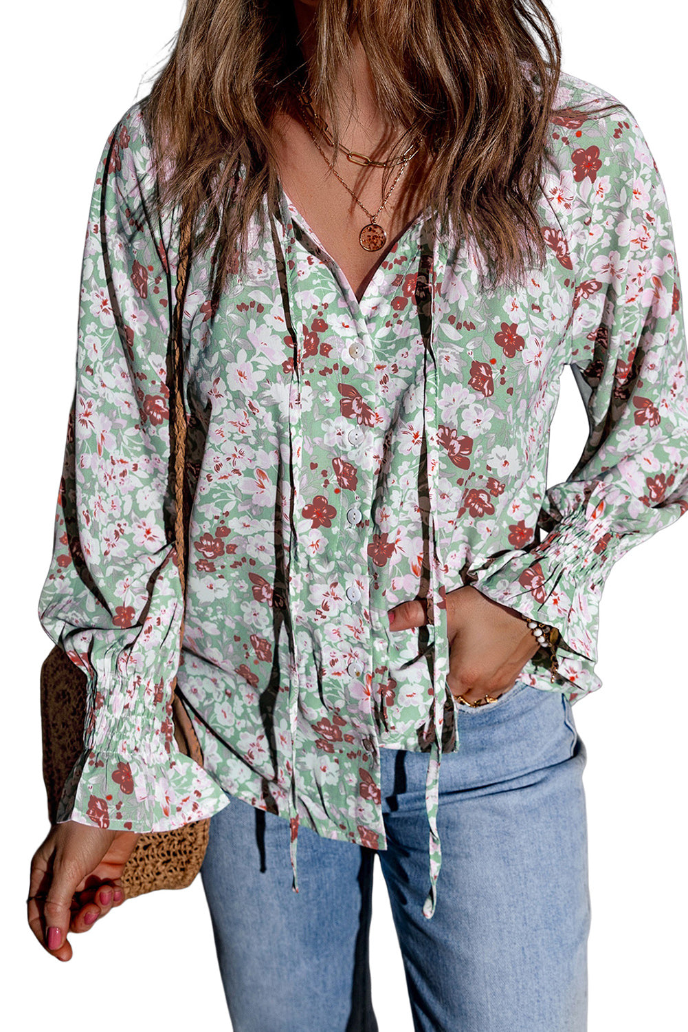Blusa con botones y cuello en V con estampado floral 