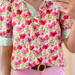 Chemisier à manches courtes et col patchwork rayé à imprimé floral rouge