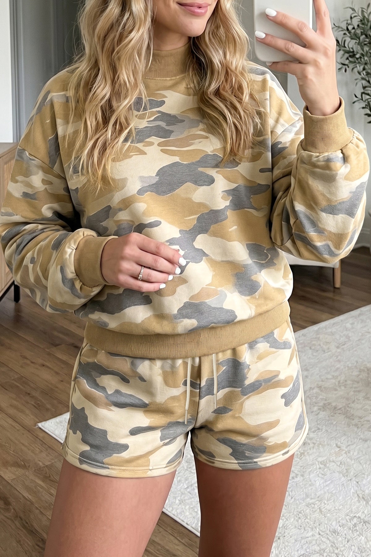 Multicolour Camouflage Print Long Sleeve Top Drawstring Shorts Set