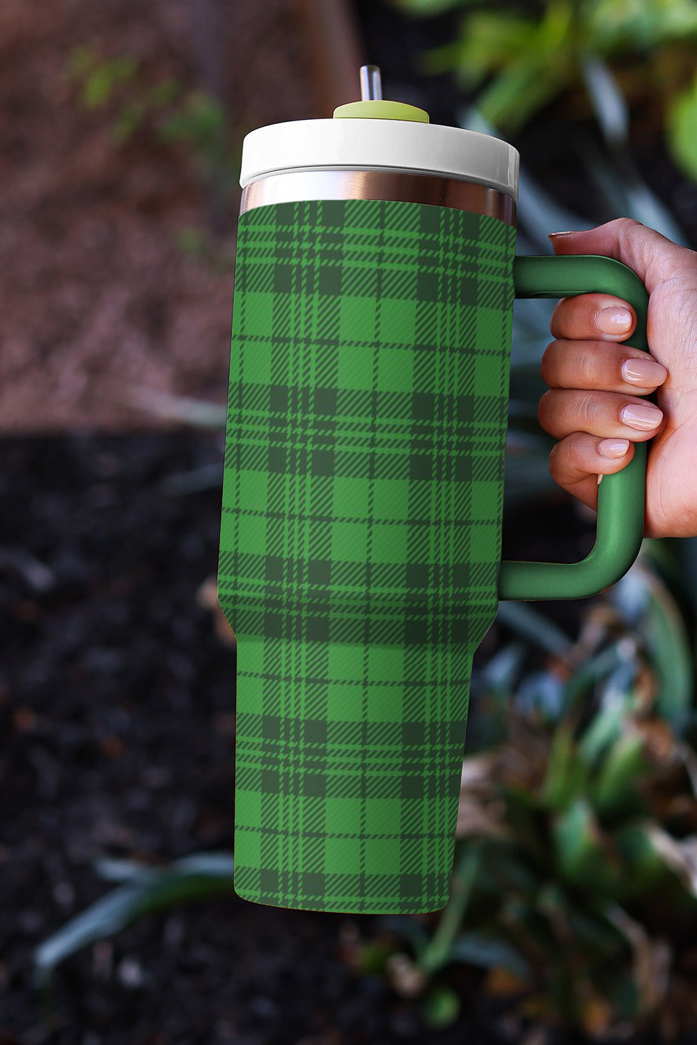 Dark Green Plaid Print Handle Stainless Vacuum Cup 1200ML