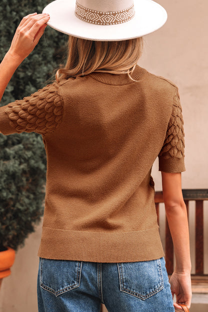 White Fish Scale Textured Knit Ribbed High Neck Short Sleeve Sweater