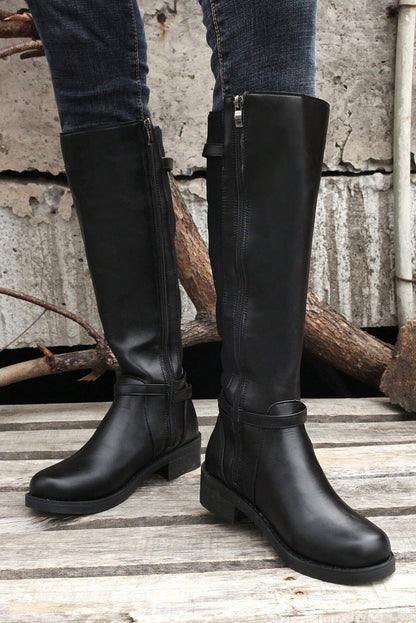 Bottes noires à talons bas et épais, hauteur genou, avec fermeture éclair latérale