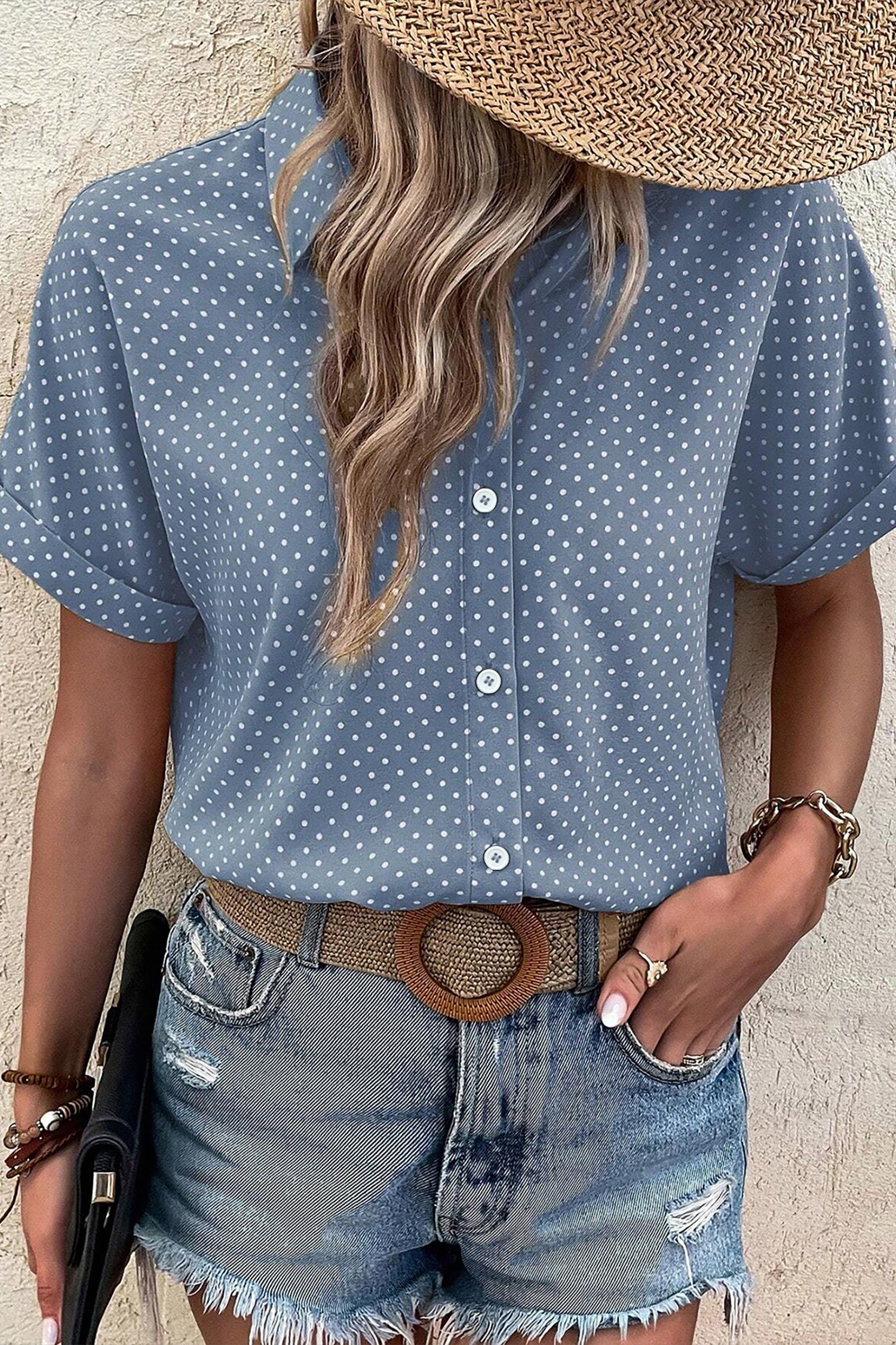 Sky Blue Dotted Print Cuffed Short Sleeve Shirt