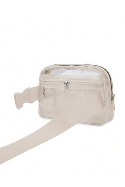 Sac banane transparent à bretelles réglables et fermeture éclair blanc brillant 