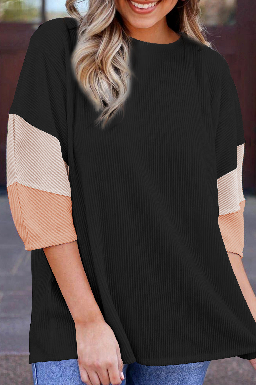 Haut à manches courtes en tricot côtelé à blocs de couleur gris carbone