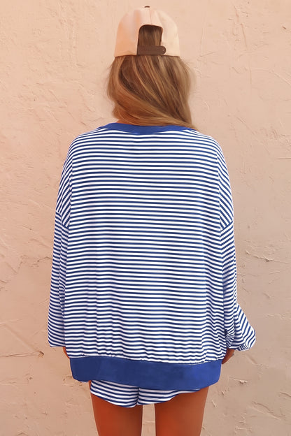 Blue Stripe Oversized Long Sleeve Top Drawstring Loose Shorts 2pcs Set