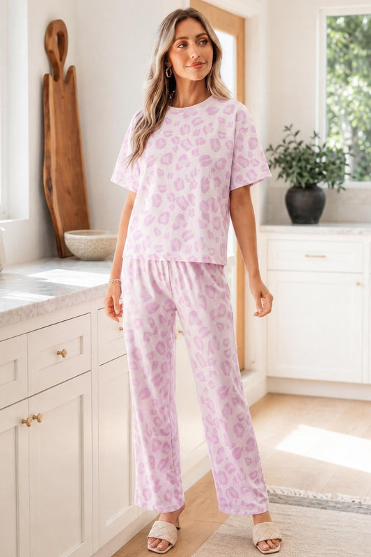 Pink Leopard Two Piece Top and Pants Set