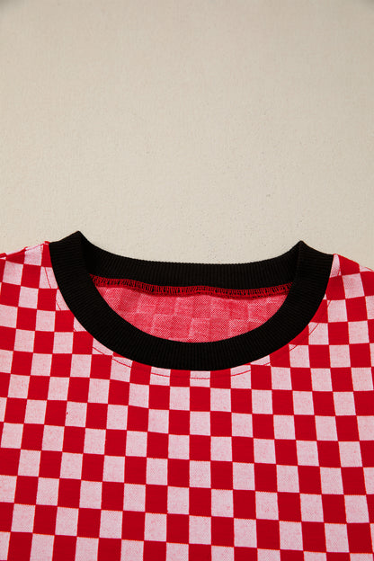 Red Checkered Print Ruffle Short Sleeve Contrast Trim Round Neck Top