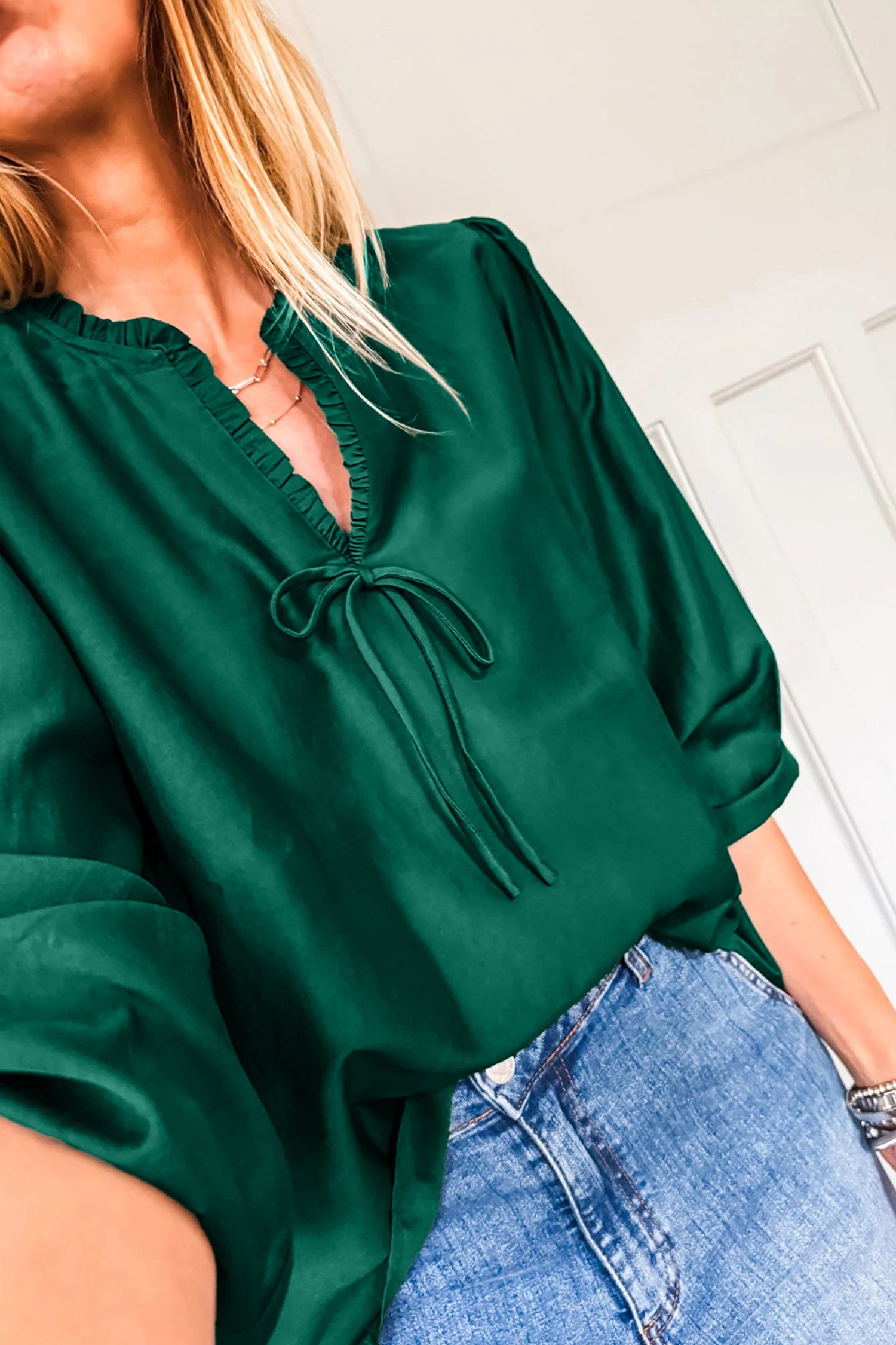 Blackish Green Solid Color Frilled V Neck Bow Detail 3/4 Sleeve Blouse