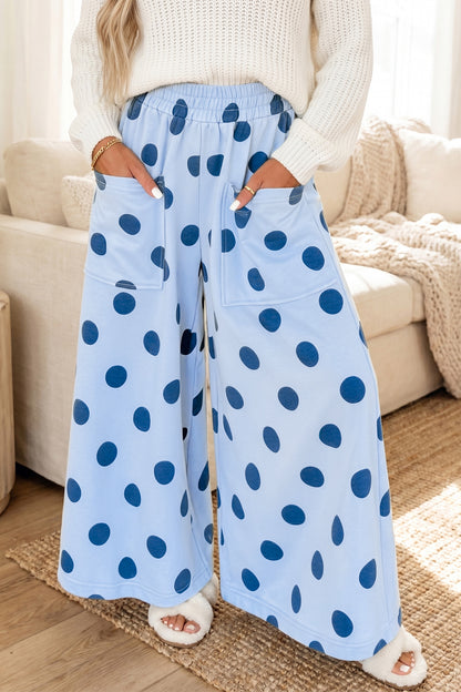 Sky Blue Polka Dot Wide Leg Elastic Waist Casual Pants