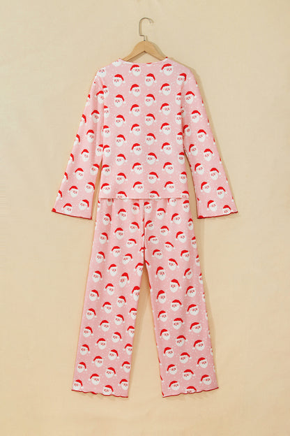 Pink Christmas Santa Print Frilled Button Front Long Sleeve Top Lounge Pant Set
