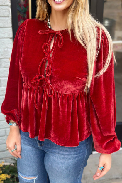 Red Clay Plus Size Tie Front Velvet Peplum Blouse