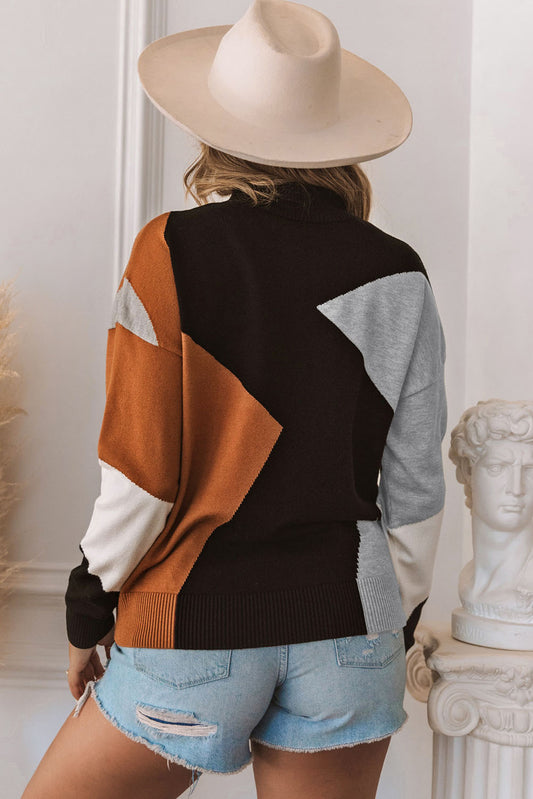 Suéter de punto con hombros caídos y cuello simulado en bloques de color