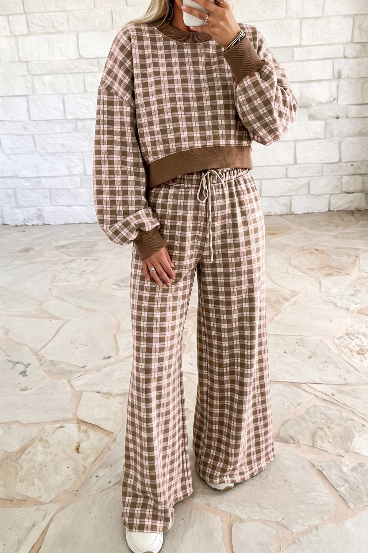Brown Plaid Long Sleeve Drop Shoulder Top Ribbed Color Block Trim Two Piece Pant Set