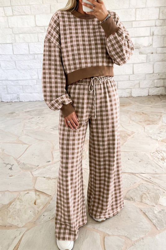 Brown Plaid Long Sleeve Drop Shoulder Top Ribbed Color Block Trim Two Piece Pant Set