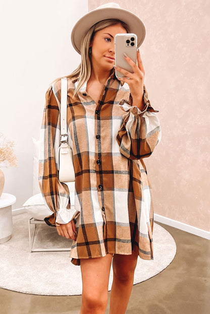 Brown Plaid Pattern Collared Neck Ruffled Sleeve Shirt Dress