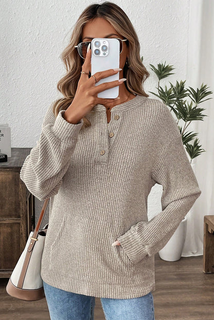 Simply Taupe Ribbed Texture Drop Shoulder Henley Knit Top