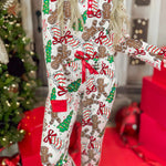 White Christmas Pattern Button V Neck Pullover Drawstring Pants 2pcs Lounge Set