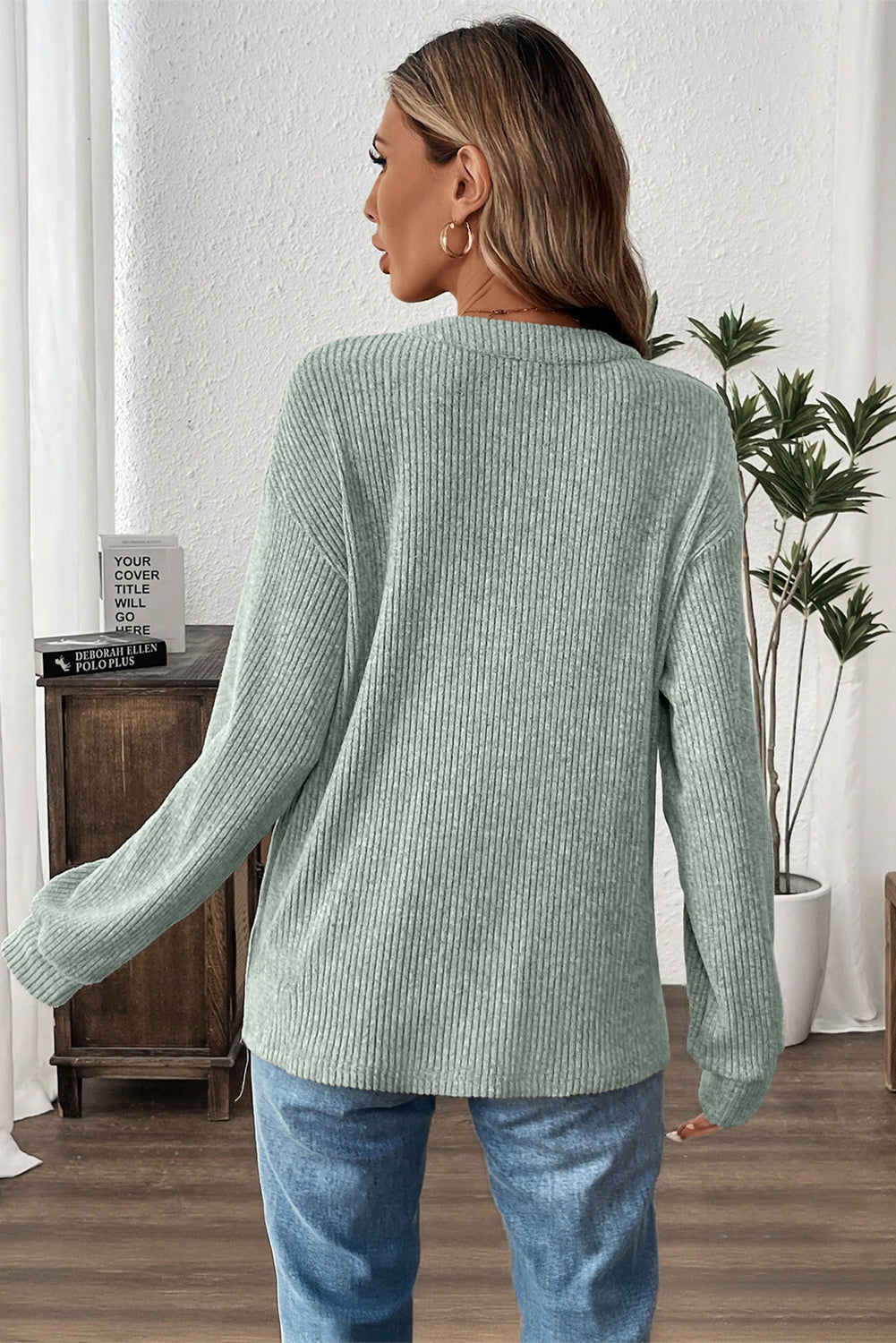 Pink Ribbed Texture Drop Shoulder Henley Knit Top
