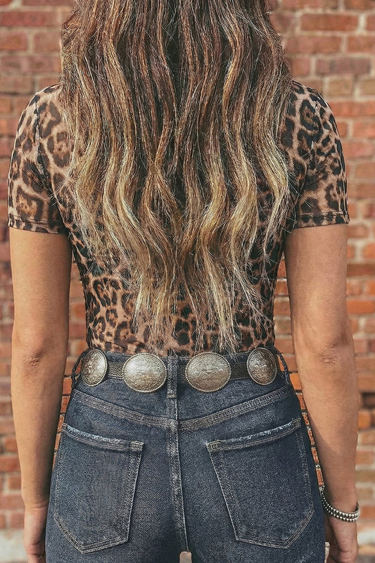 Camel Leopard Printed Mesh Short Sleeve Top