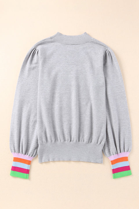 Crew Neck Colorful Striped Cuffs Puff Sleeves Sweater
