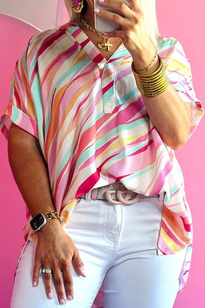 Haut blanc à manches courtes et col cranté, imprimé abstrait, grande taille