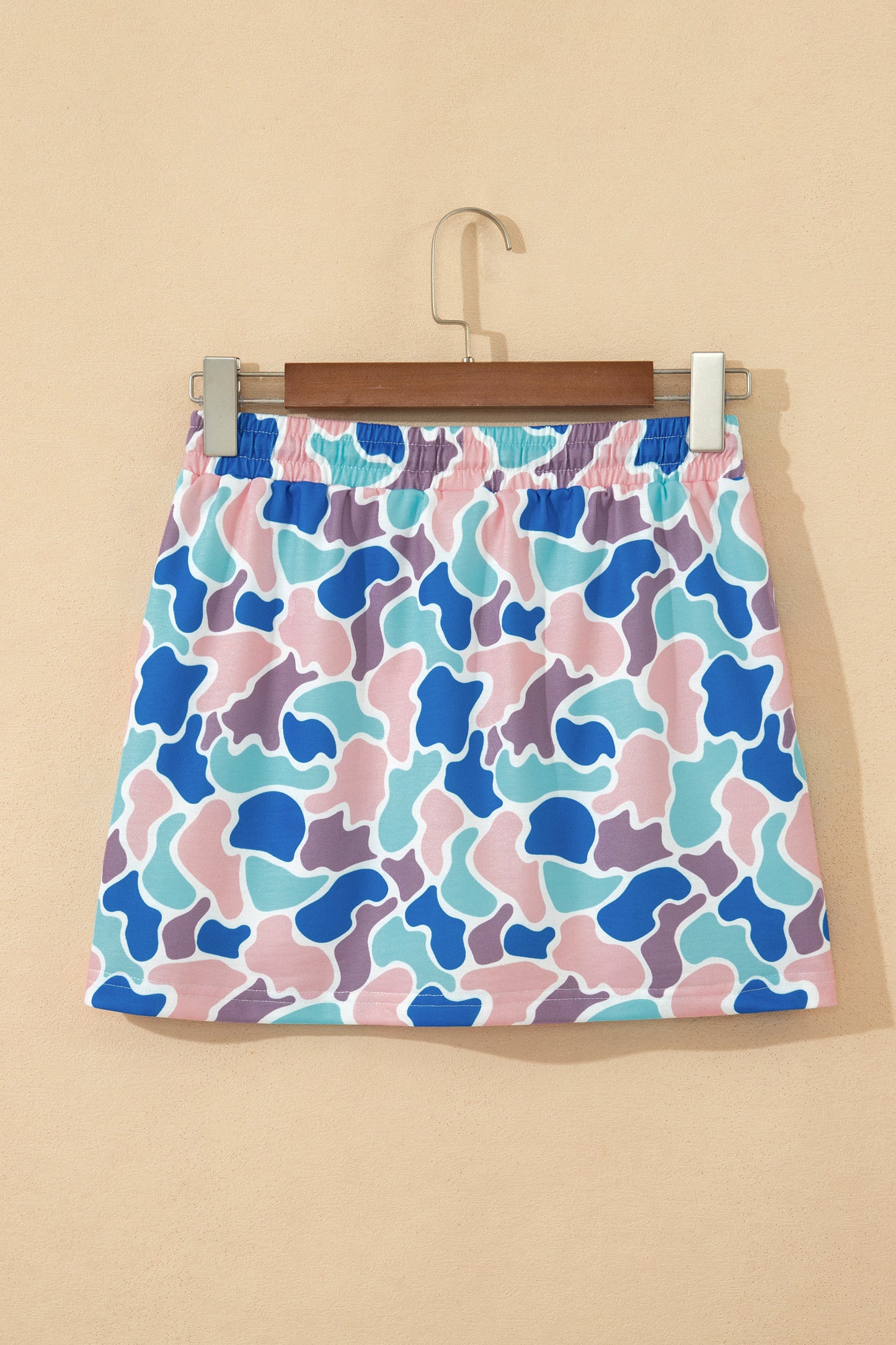 Sky Blue Abstract Camo Elastic Waist Drawstring Mini Skort