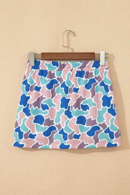 Sky Blue Abstract Camo Elastic Waist Drawstring Mini Skort