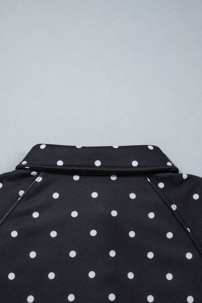 Black Polka Dot Print Metal Button Collar Casual Pullover Sweatshirt
