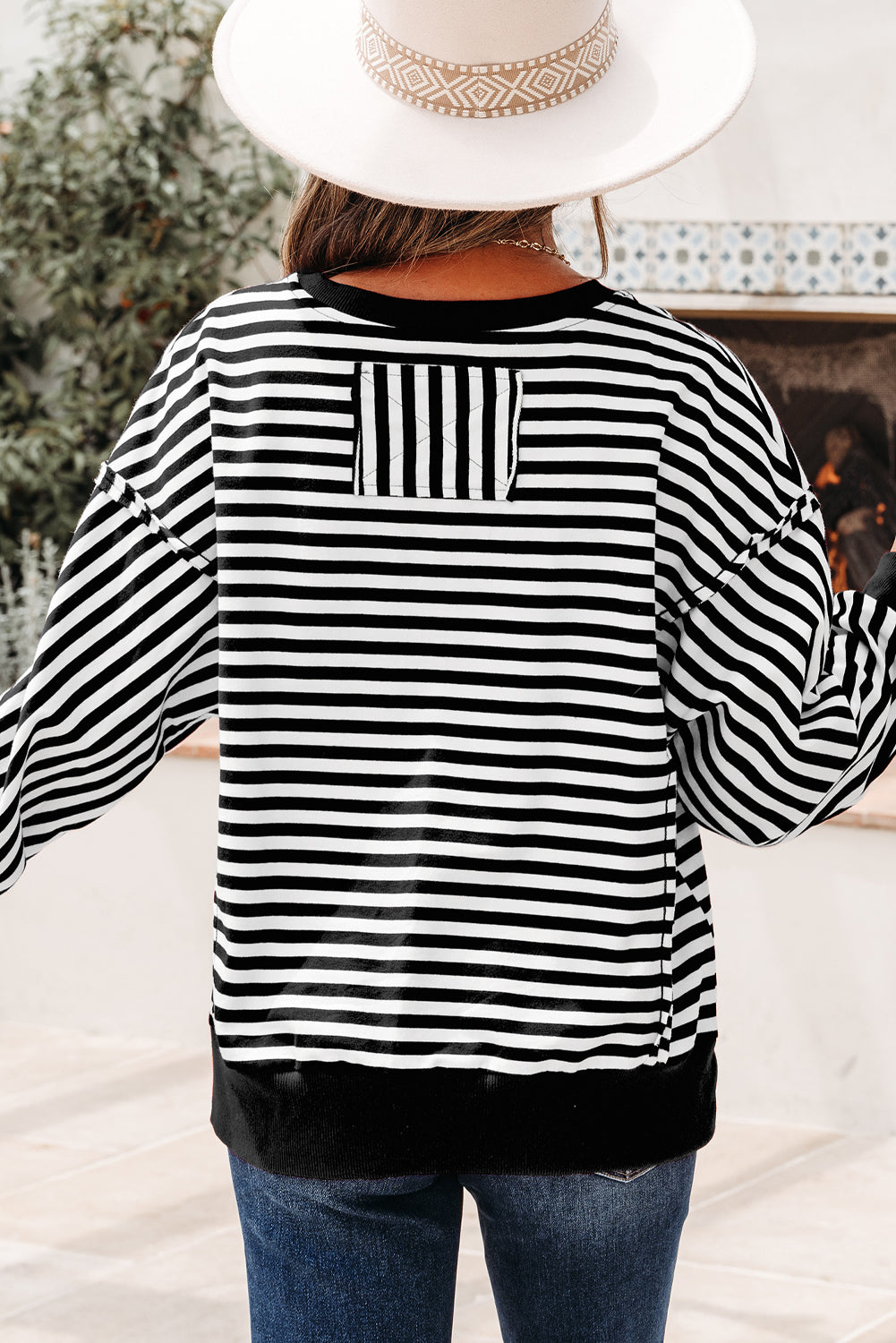 Red Stripe Exposed Seam Drop Shoulder Casual Pullover Top