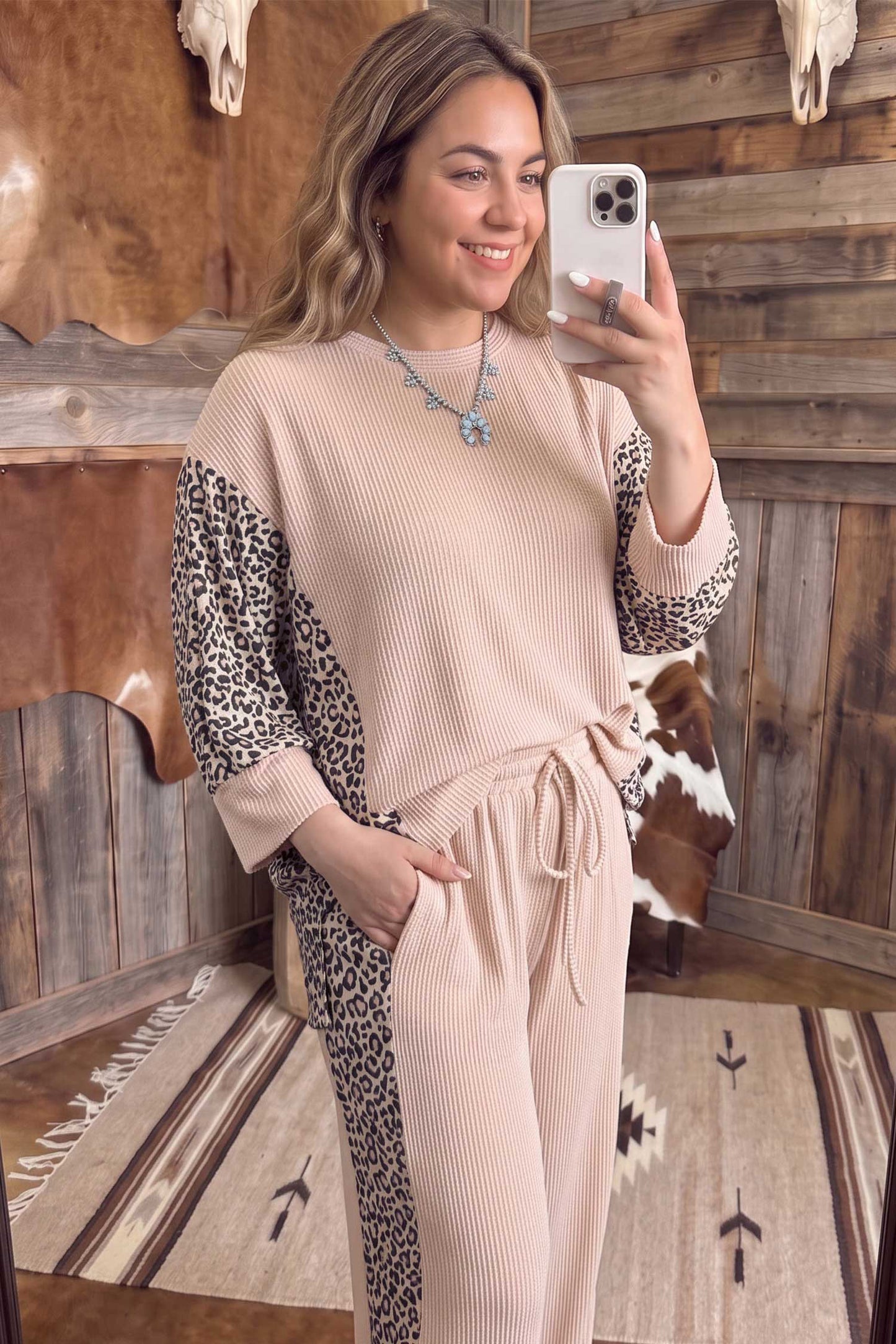 Light French Beige Leopard Print Ribbed Twist Long Sleeve Top Pants Plus Size Set