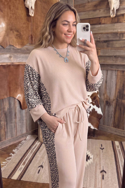 Light French Beige Leopard Print Ribbed Twist Long Sleeve Top Pants Plus Size Set