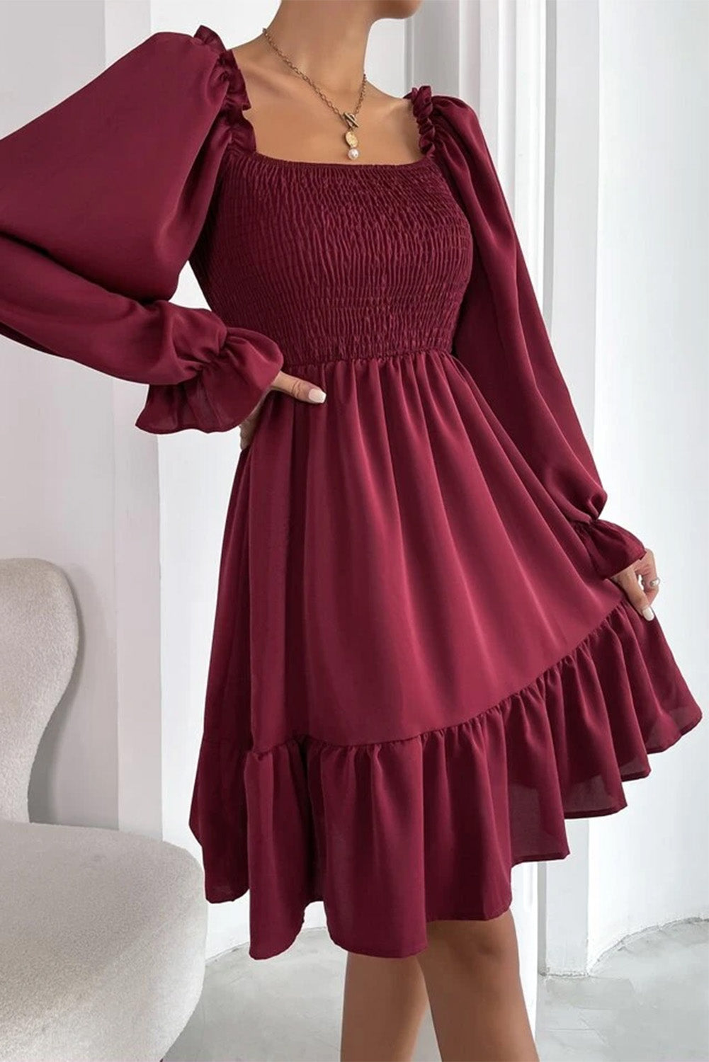 Biking Red Smocked Puff Sleeve Ruffle Mini Dress