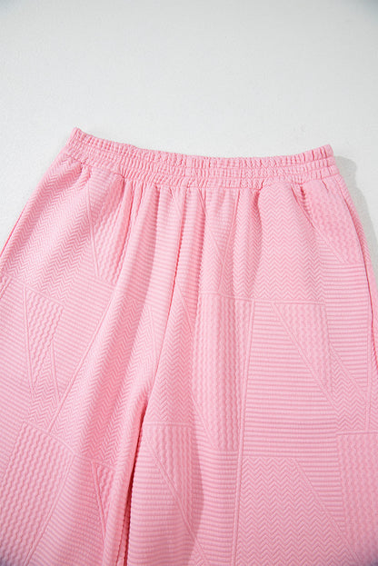 Pink Textured Pearled Ruffled Sleeve Wide Leg Pants Set