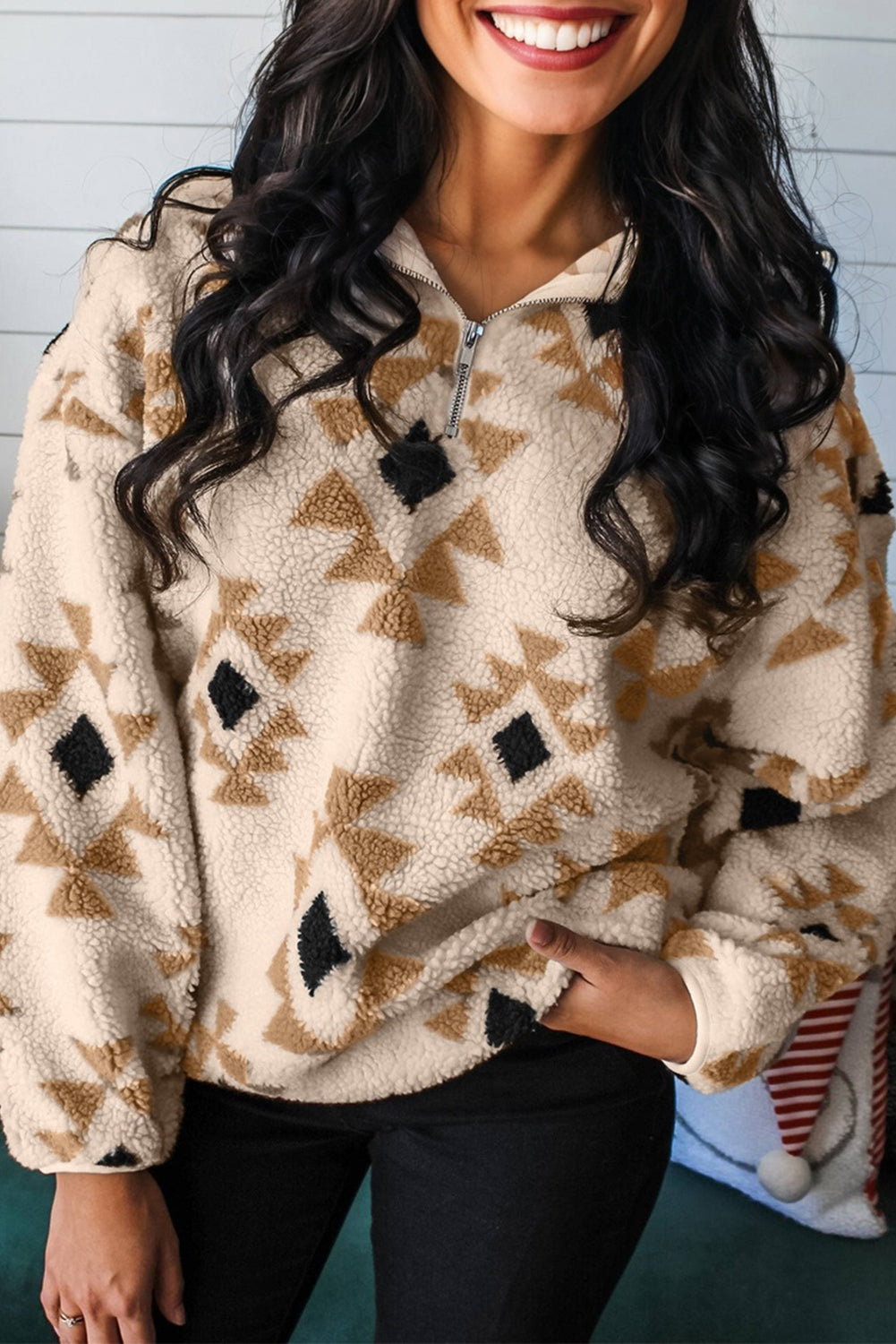 Khaki Aztec Print Sherpa Quarter Zip Collar Sweatshirt