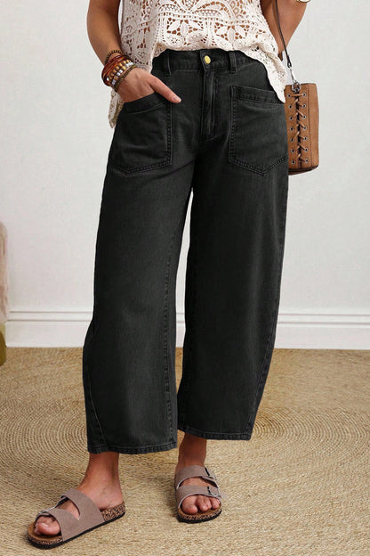 Black Solid Color Square Patch Pocket Ankle-length Barrel Jeans