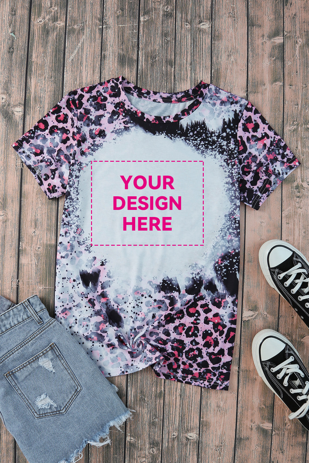 Blank Apparel - Pink Leopard Dyed Print Bleached Blank Tee